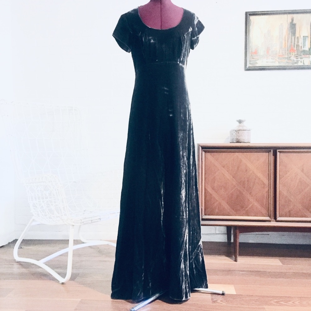 70s Gray Crushed Velvet Maxi Dress s M